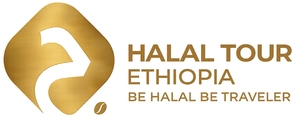 Halal Ethiopia Tour logo featuring the Arabic letter ḥā (ح) in gold, symbolizing halal hospitality and faith.